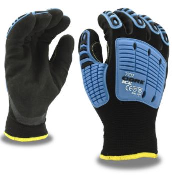 Large 13-gauge, machine knit shell with a warm brushed acrylic lining for cold protection. It provides thermoplastic rubber (TPR) protectors for impact resistance, an Aramid-reinforced thumb crotch for increased durability, and sandy nitrile palm