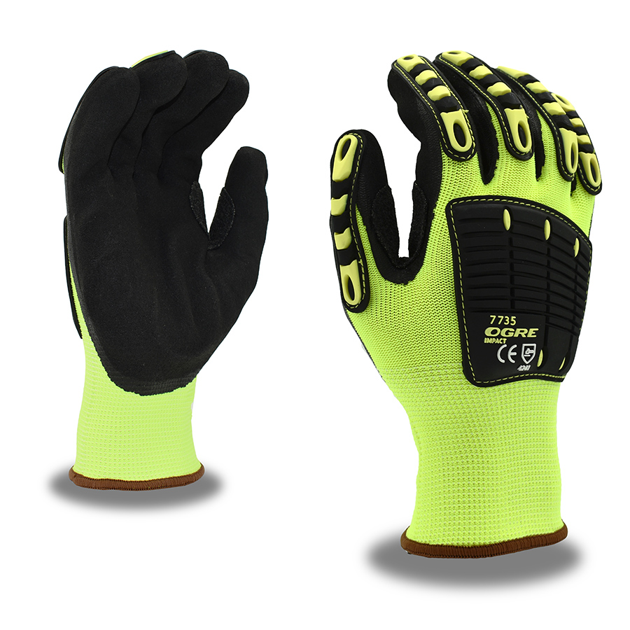 Large 13-GAUGE, HI-VIS LIME POLYESTER SHELL, TPR PROTECTORS, INTERIOR FOAM PALM PADDING, BLACK SANDY NITRILE PALM COATING Sold by the Pair